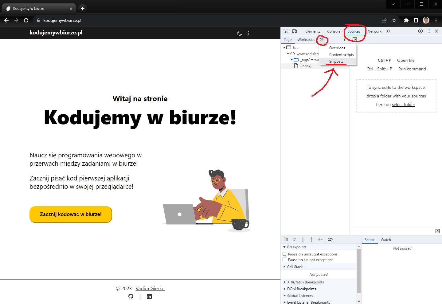 jak otworzyć zakładkę snippets w Chrome