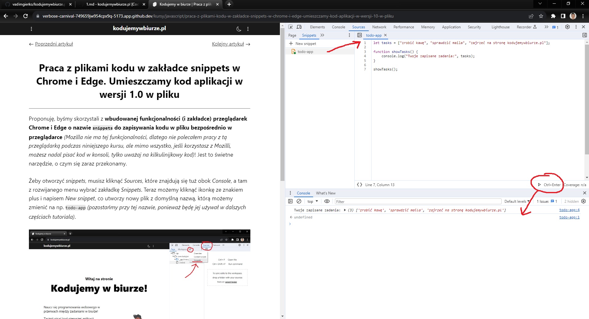 jak uruchomić kod pliku w konsoli w zakładce snippets w Chrome