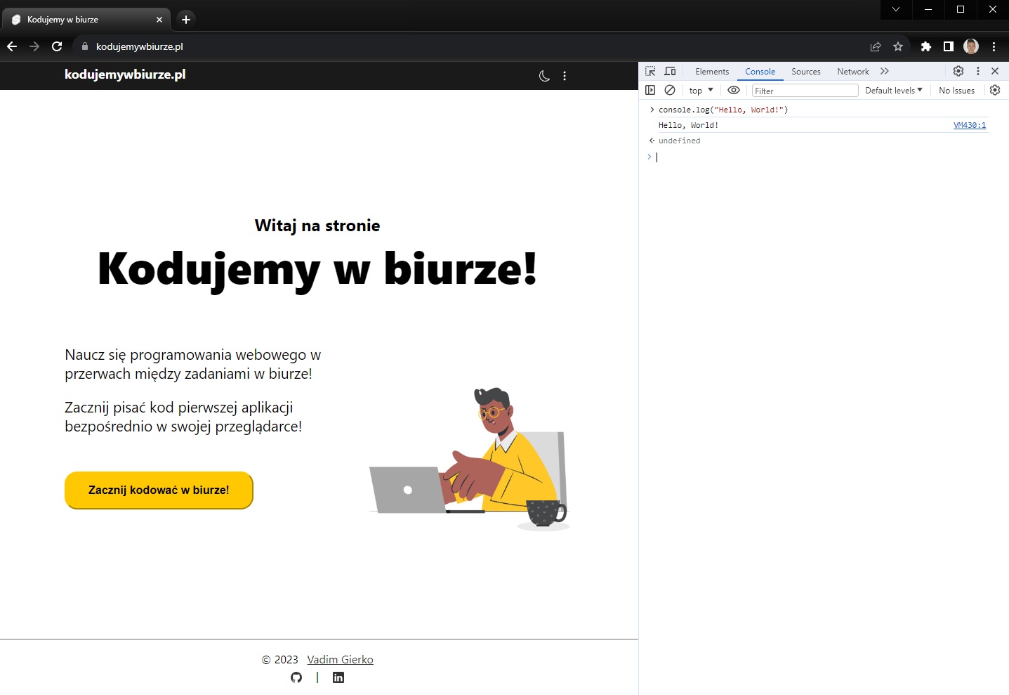 otwarta konsola i polecenie console.log('Hello, World') w Chrome